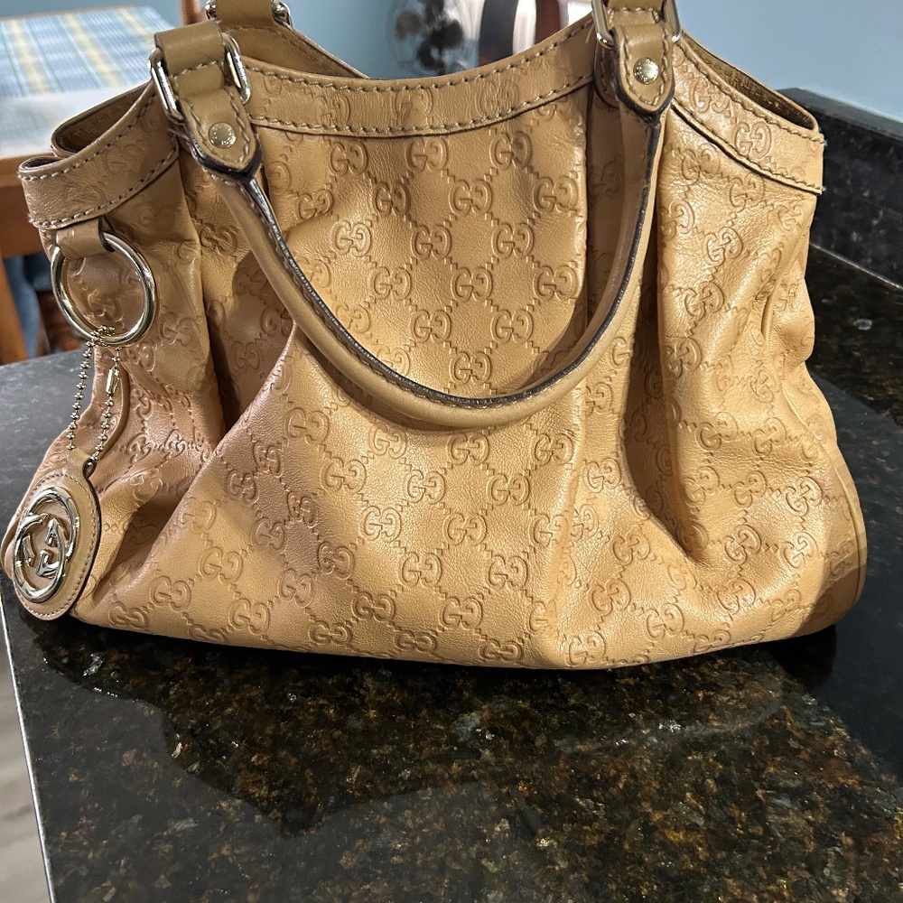 Gucci Guccissima  Sukey GG Leather Shoulder Bag Camel Beige